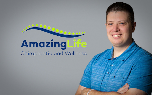 image of Dr. Sergey Kochelayev in front of his logo, Amazing Chiropractic Life and Wellness.